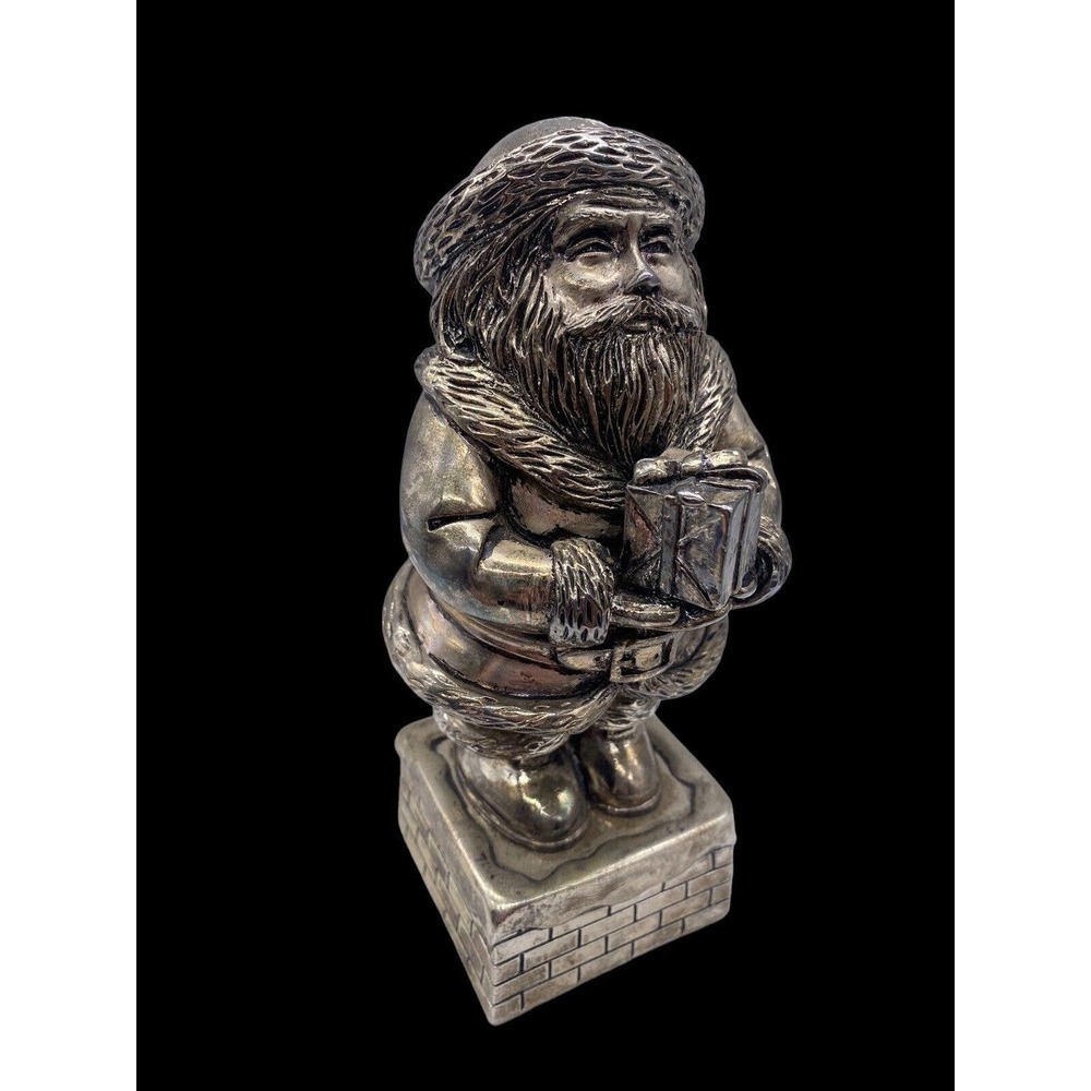 Santa Claus Wind Up Music Box Figurine Silver Plate Vtg Santa is Coming to Town